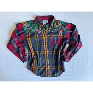 Vintage QPS Embroidered Floral Plaid Button-Up Shirt | Size Small